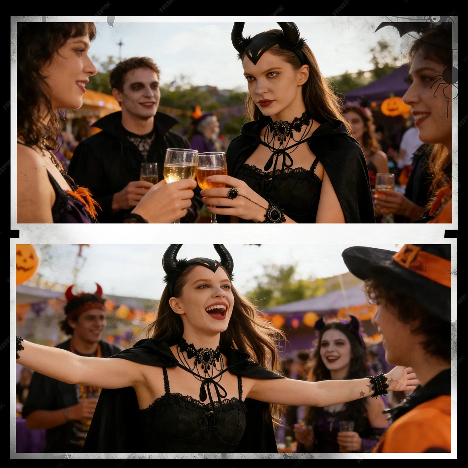 The kids black witch cape accessory set shown across several styled Halloween and event display scenes.