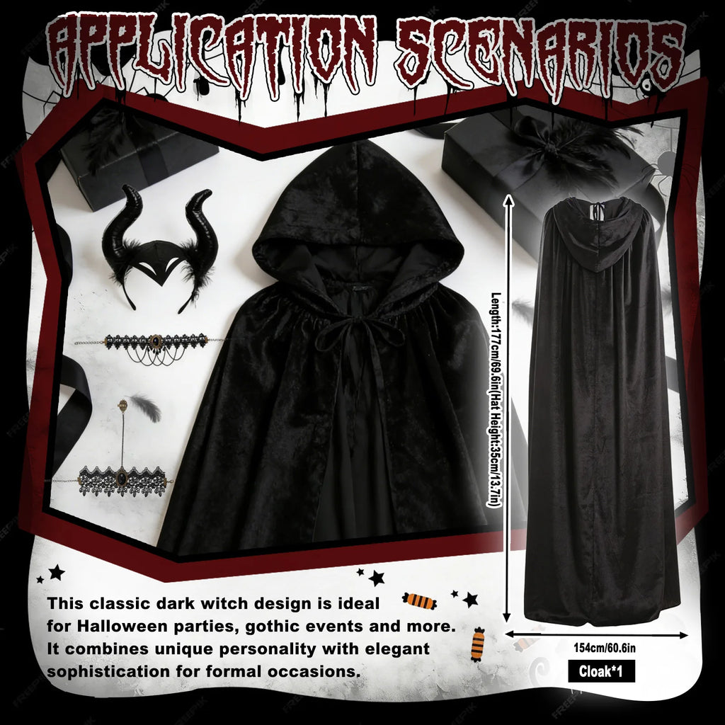 Feature graphic for the kids black witch cape accessory set, highlighting visible design details and intended use.