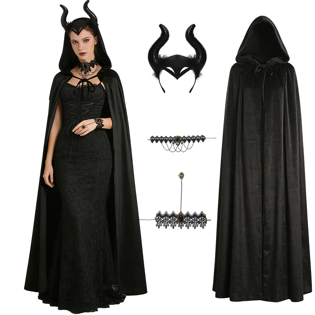 Front view of the kids black witch cape accessory set, showing its overall shape and visible design.