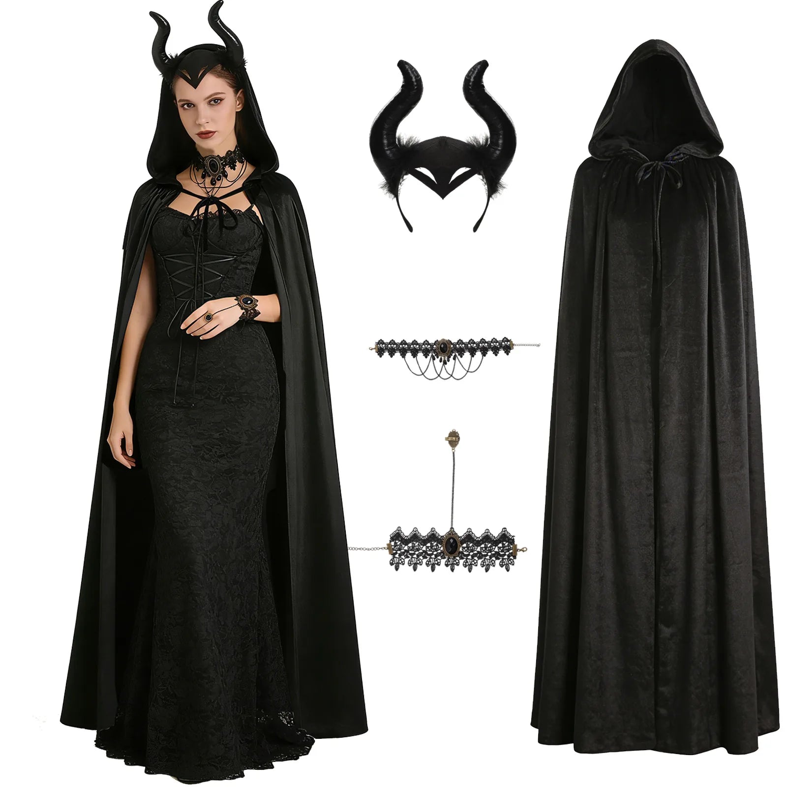 Front view of the kids black witch cape accessory set, showing its overall shape and visible design.