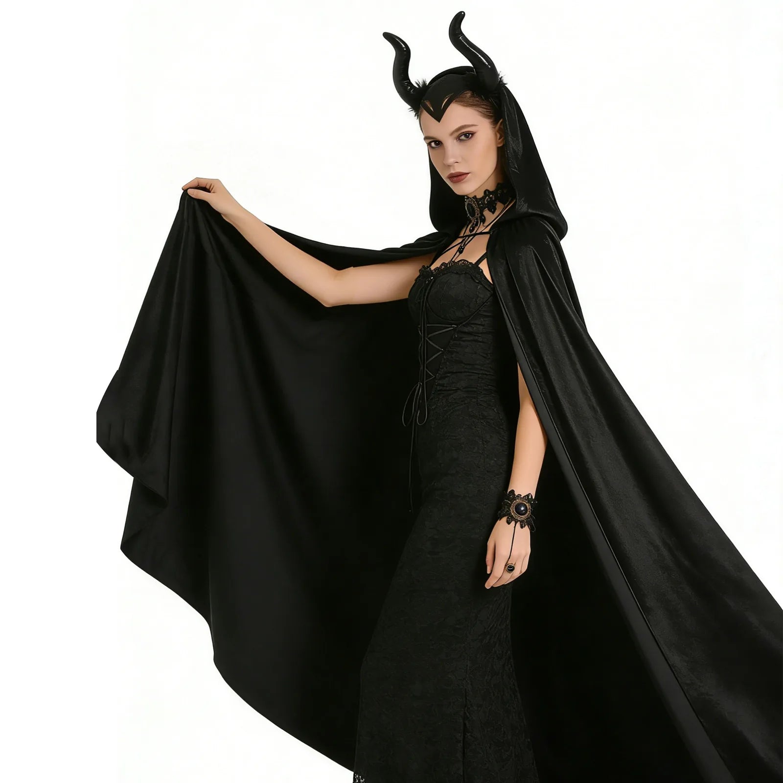 Styled view of the kids black witch cape accessory set, showing how the item appears in use.