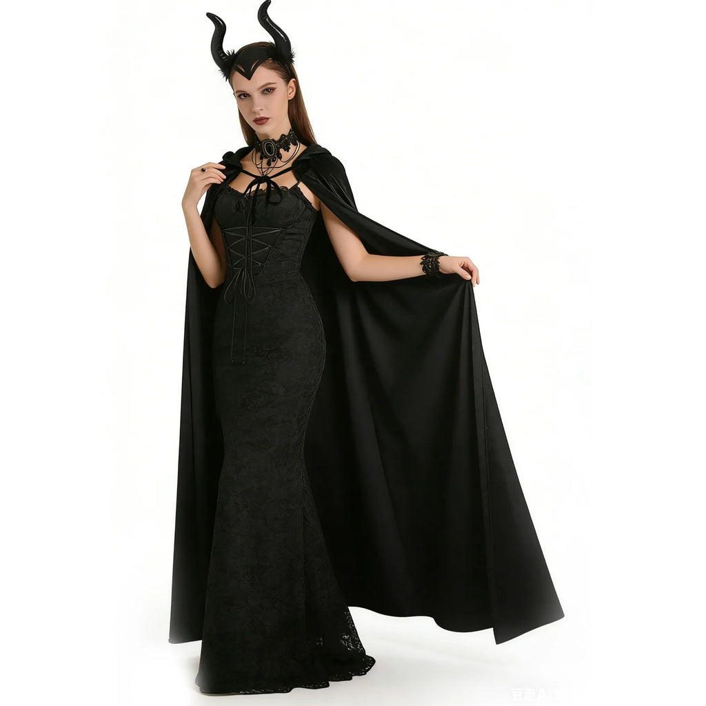 Multiple-angle view of the kids black witch cape accessory set, showing its shape from different sides.
