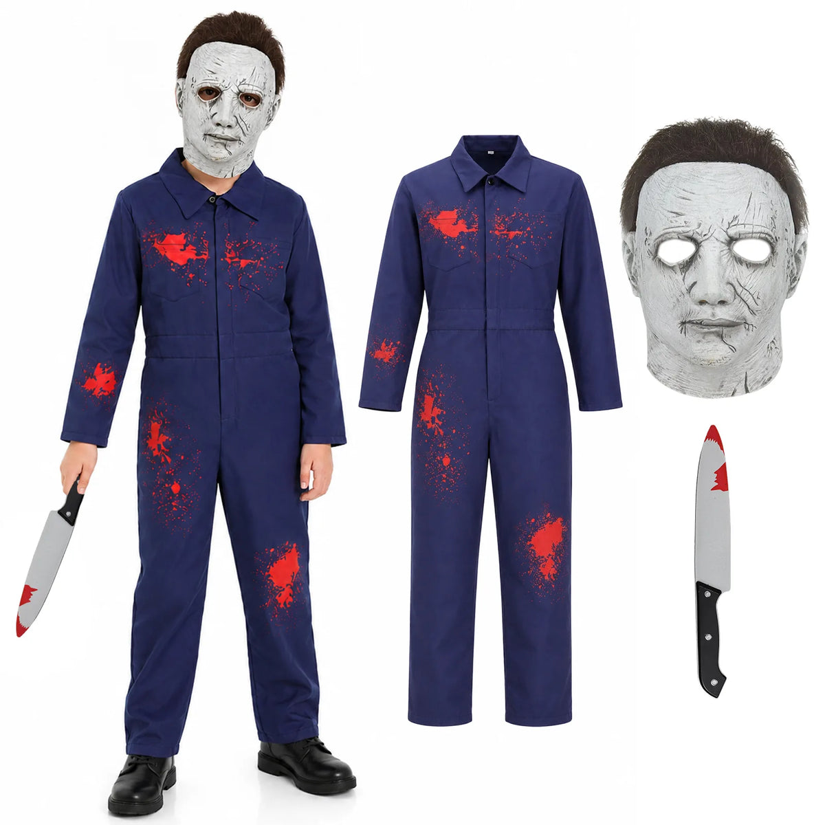 Kids bloodstained coveralls costume paired with a gray mask and costume knife.