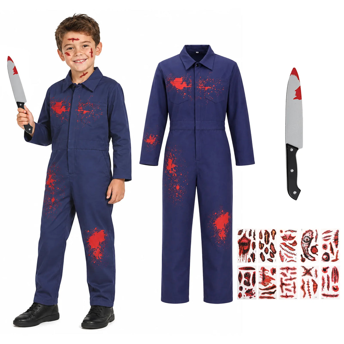 Kids bloodstained coveralls costume with costume knife and temporary tattoo accessories.