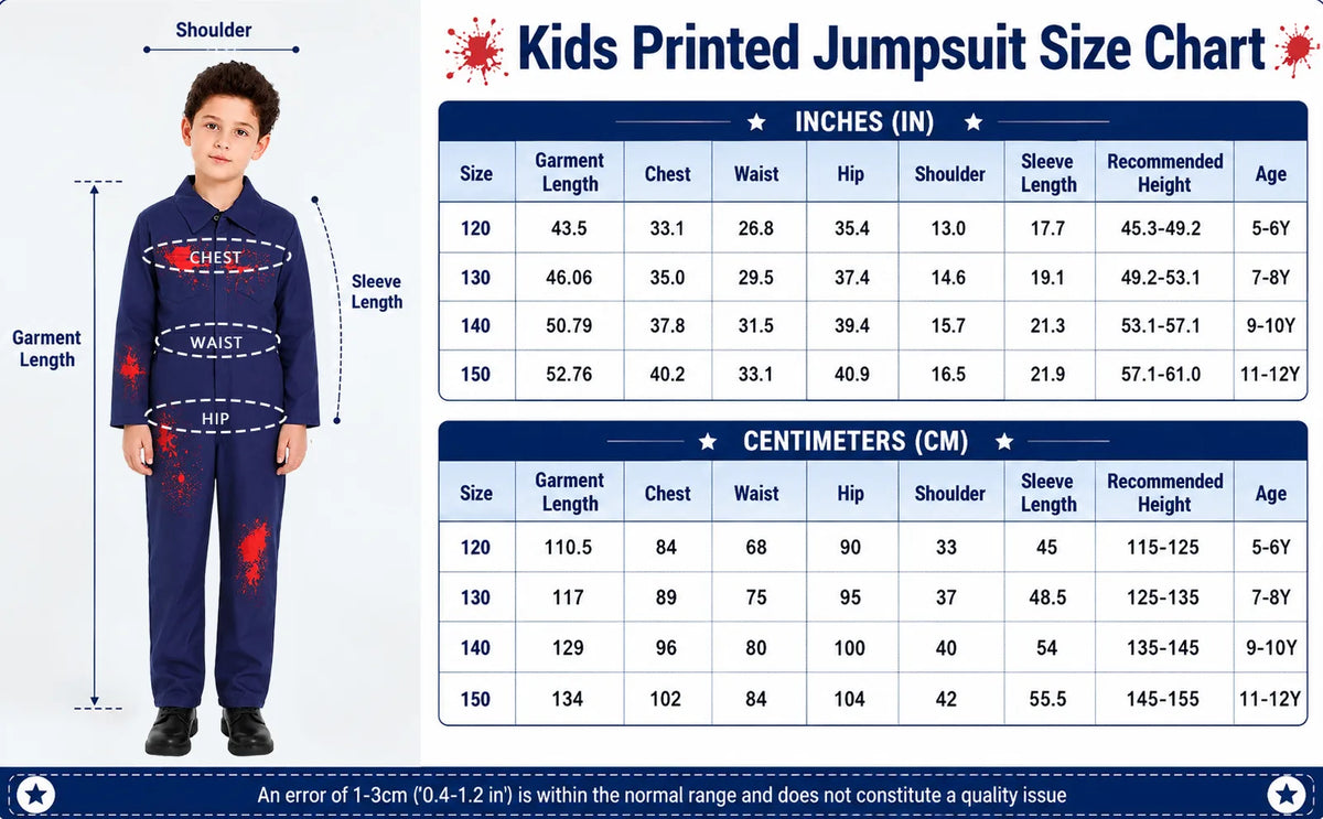 Kids bloodstained coveralls measurement chart for the available costume sizes.
