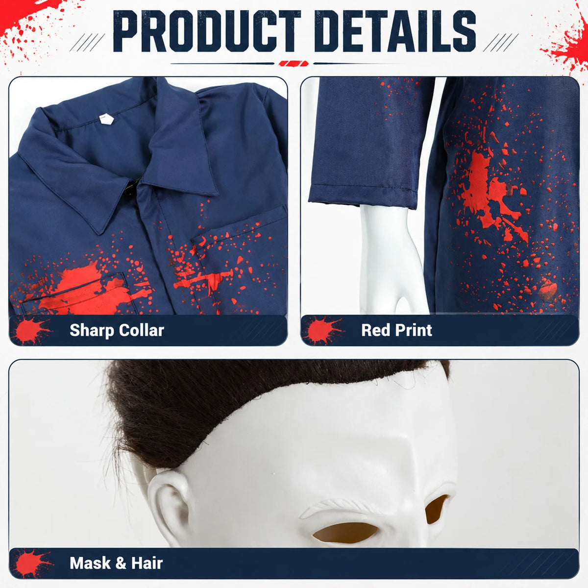 Close-up of kids Michael Myers-inspired bloody coveralls, white mask and printed red effects.