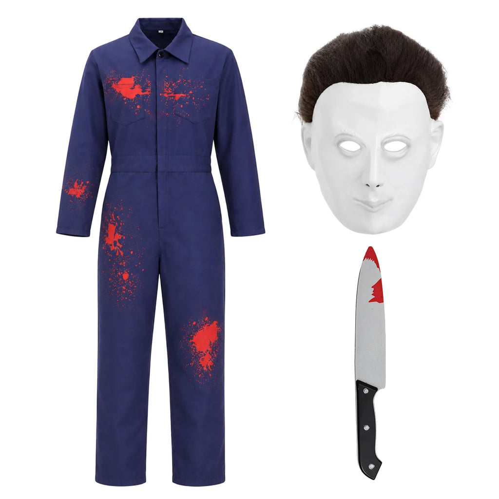 Kids Michael Myers-inspired bloody coveralls set laid out with white mask and costume knife.