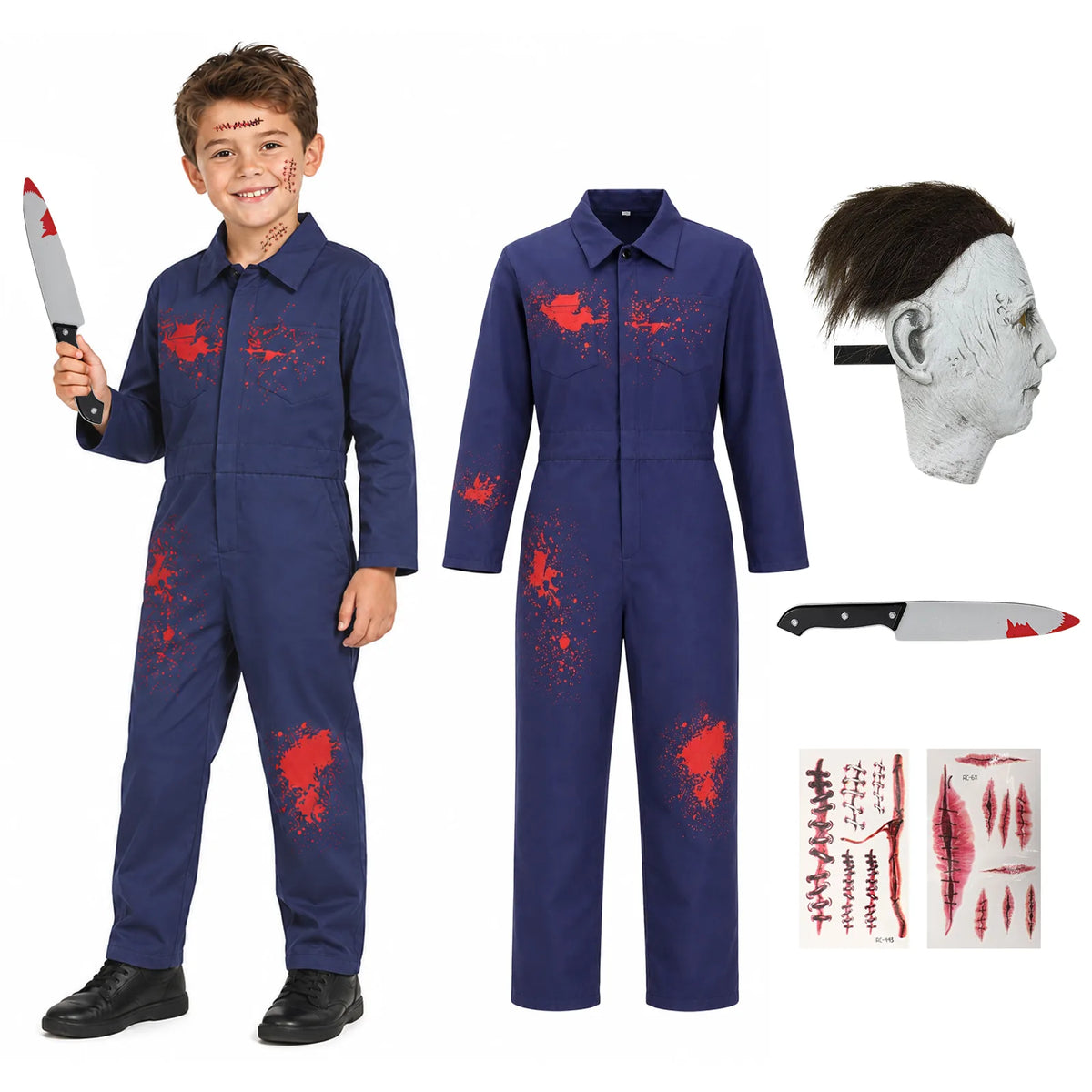 Kids bloody overalls costume set with gray mask, costume knife and temporary tattoos.