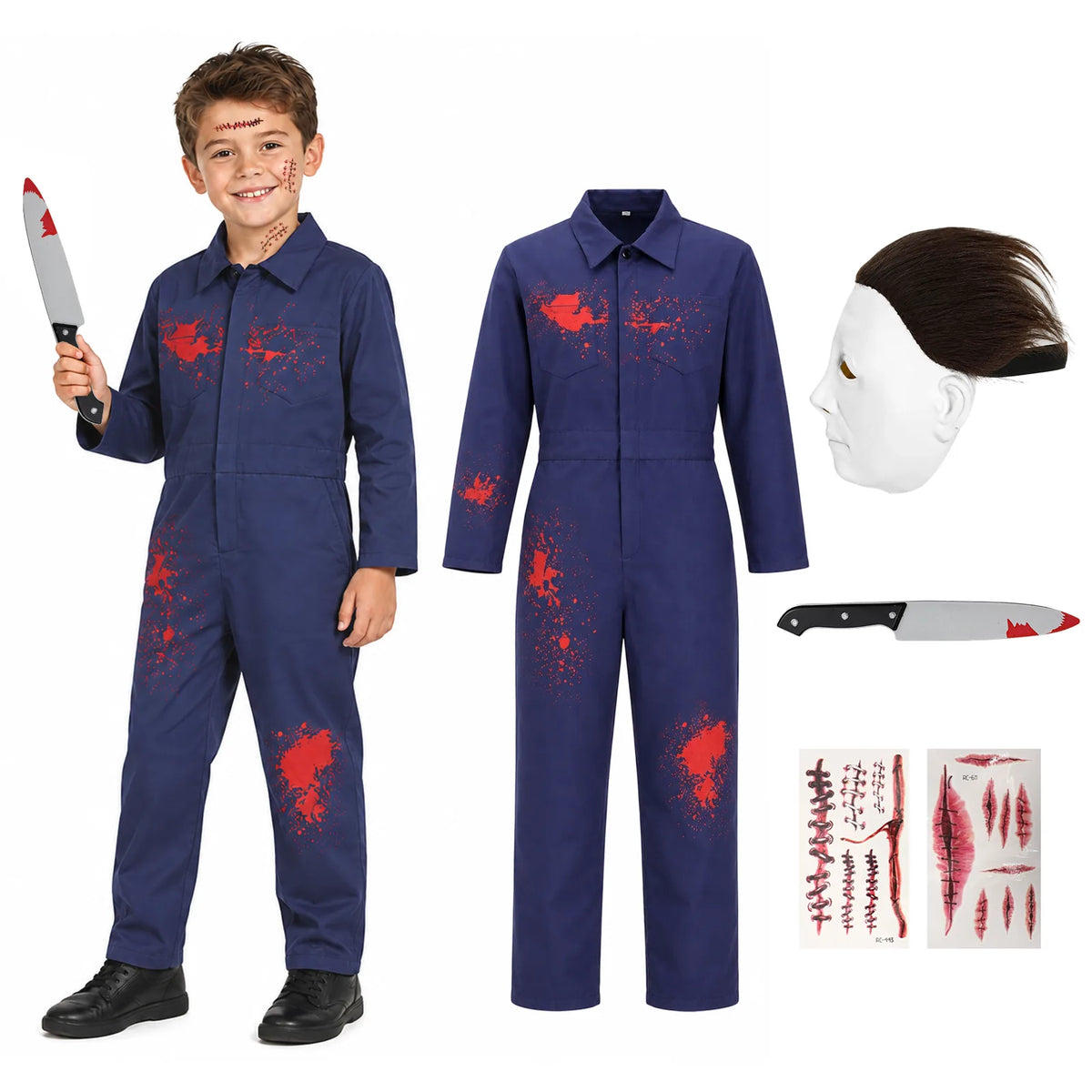 Kids Michael Myers-inspired bloody overalls set with white mask, costume knife and temporary tattoos.