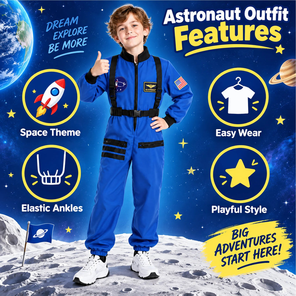 Astronaut outfit feature graphic shows a child in blue beside labels Space Theme Easy Wear Elastic Ankles and Playful Style.