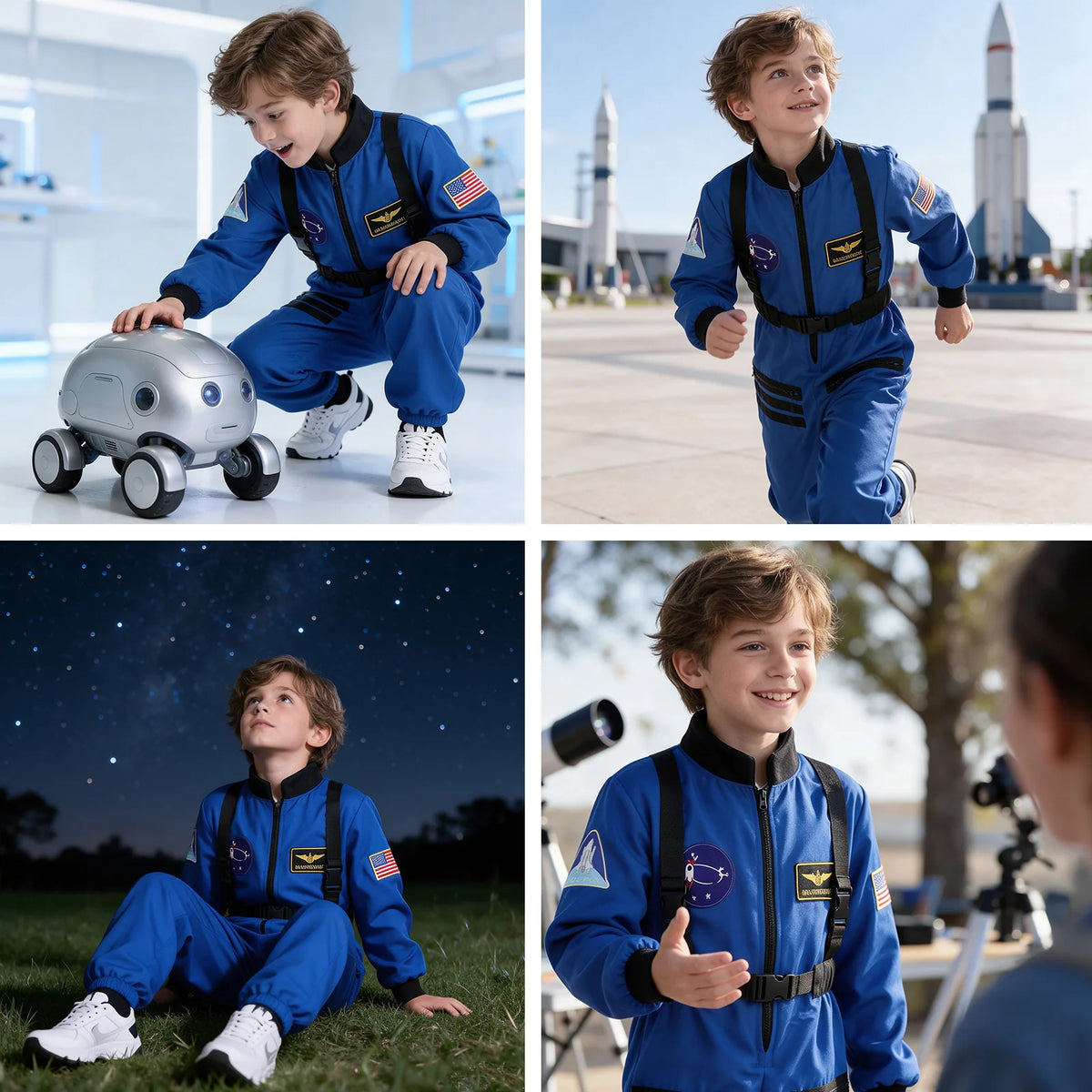 Four scenes show a child in the blue astronaut jumpsuit with a robot toy running outdoors stargazing and a telescope.