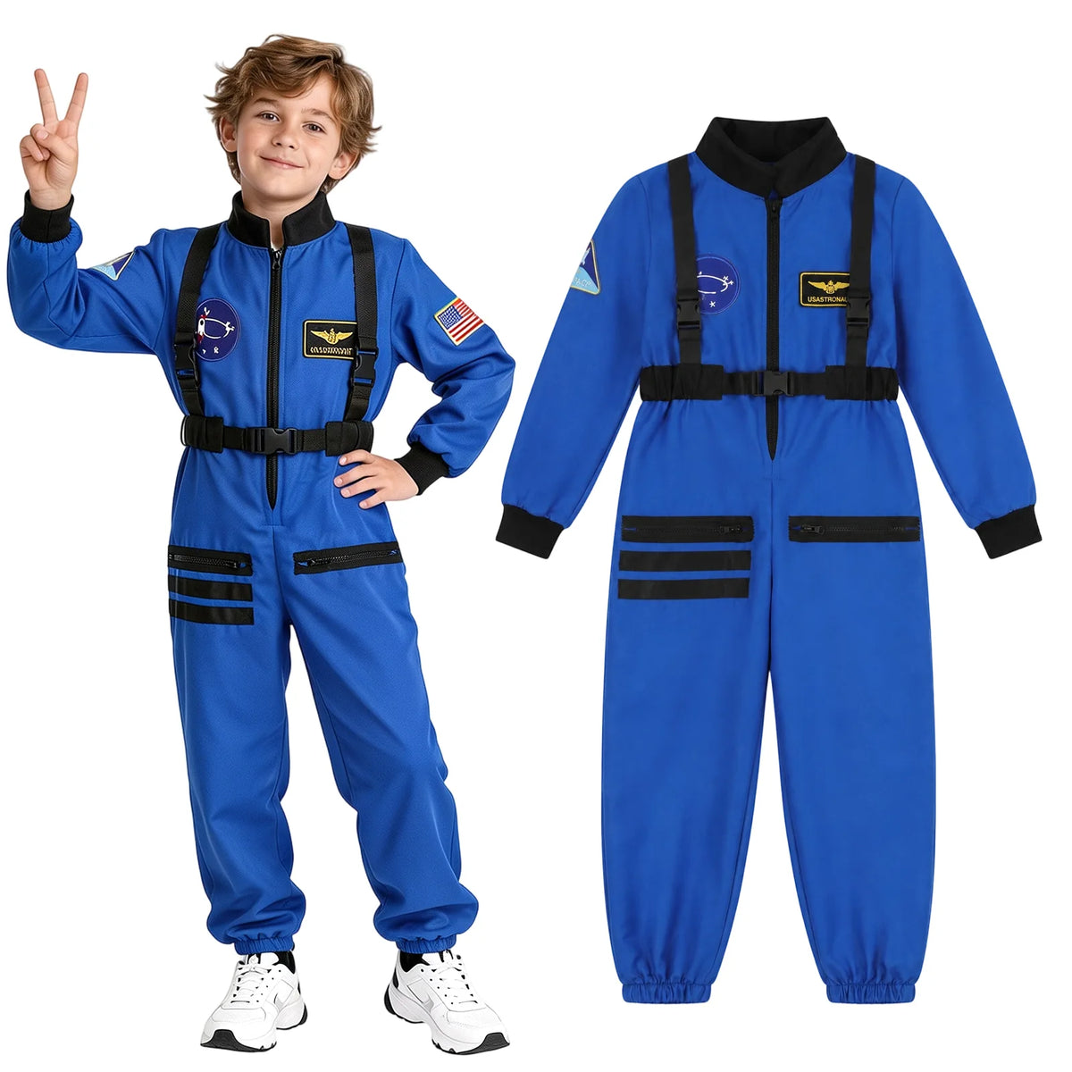 Child wearing a blue astronaut jumpsuit raises two fingers beside a separate garment with black straps and patches.