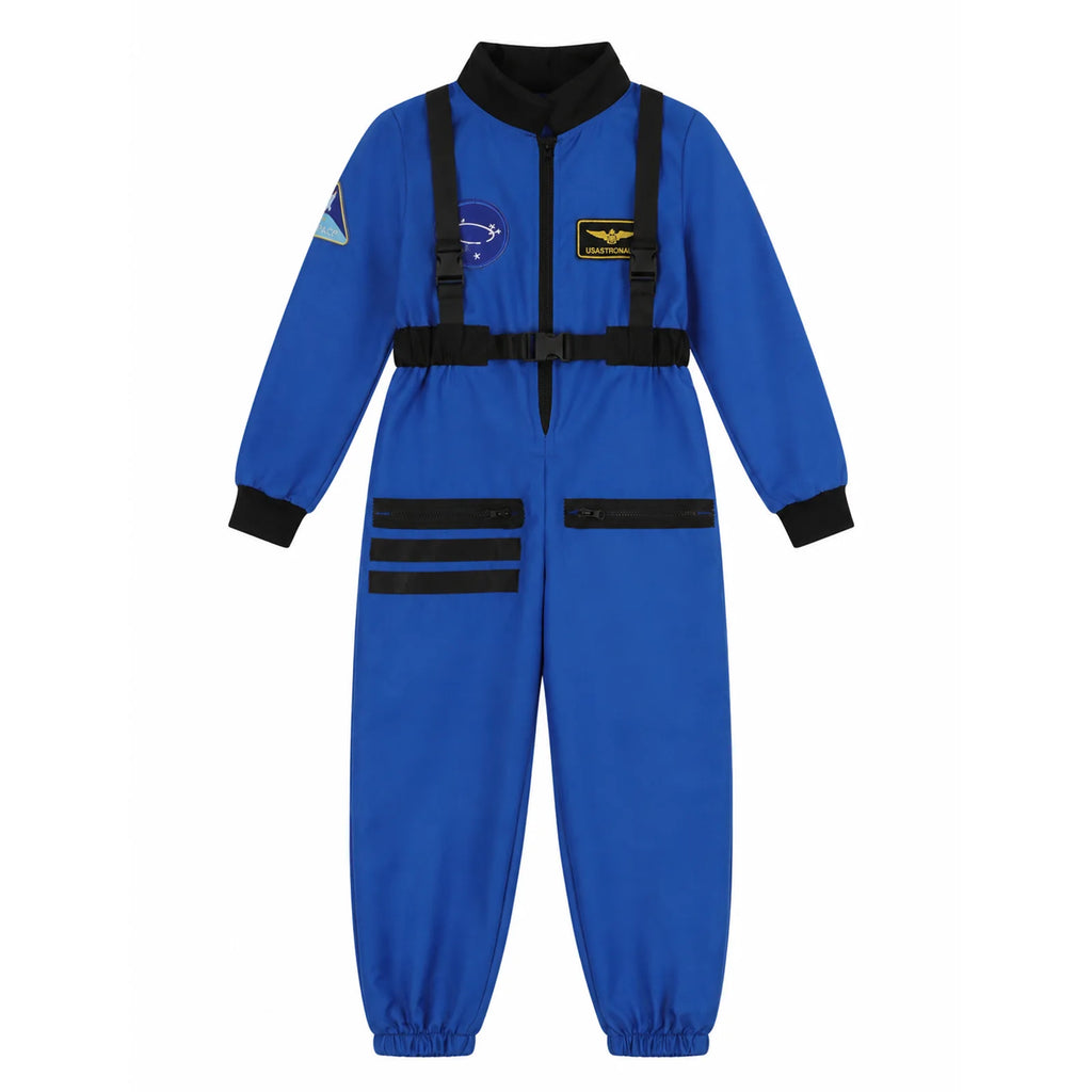 Separate blue astronaut costume jumpsuit shows black collar cuffs harness-style straps front zipper and space-themed patches.