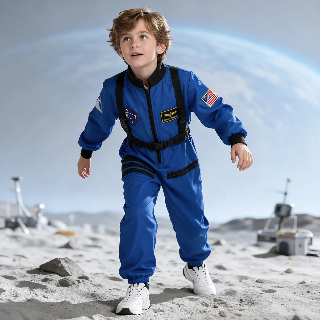 Child wearing a blue astronaut jumpsuit stands in a moon-themed scene with space equipment in the background.