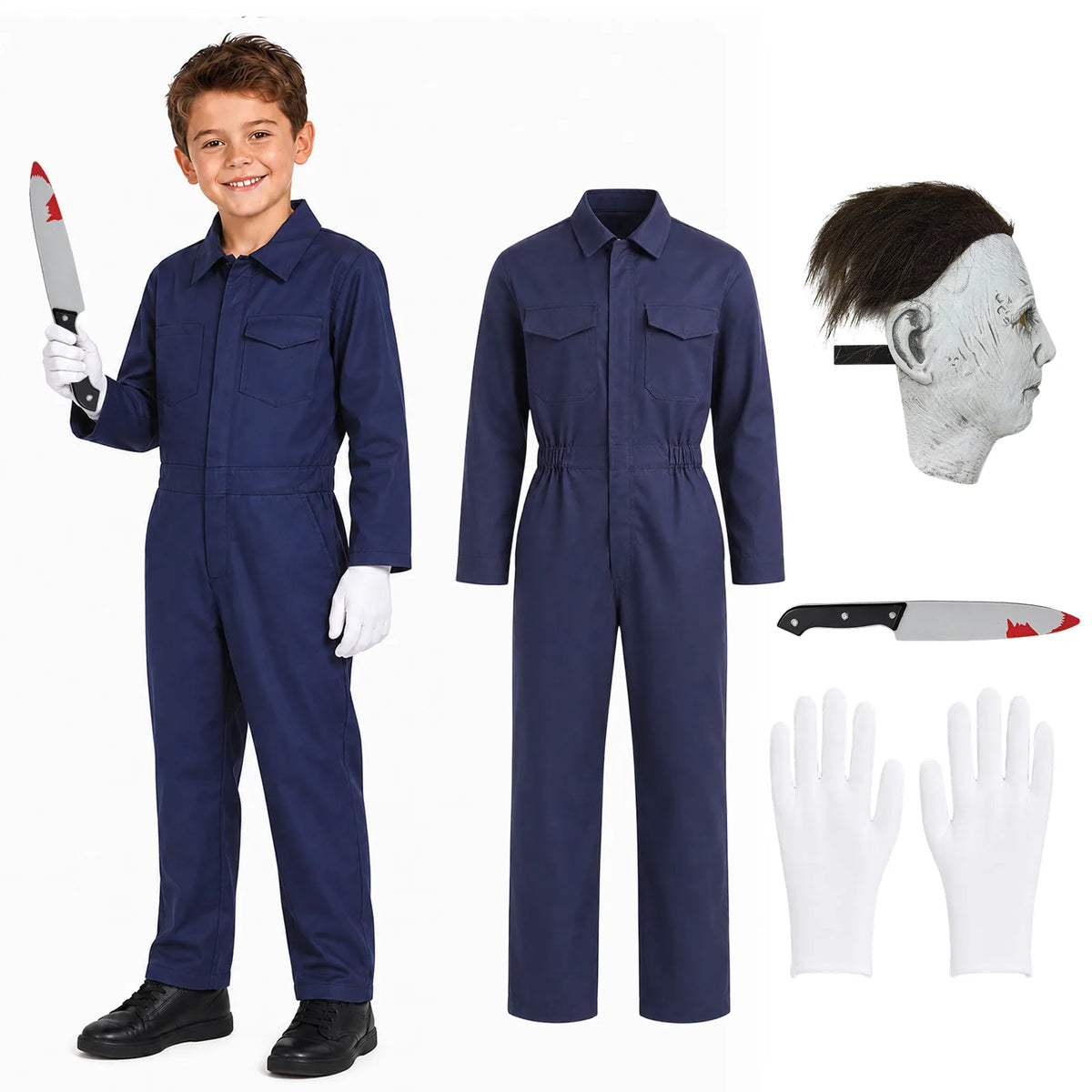 Kids blue horror coveralls set with gray mask, gloves and costume knife.