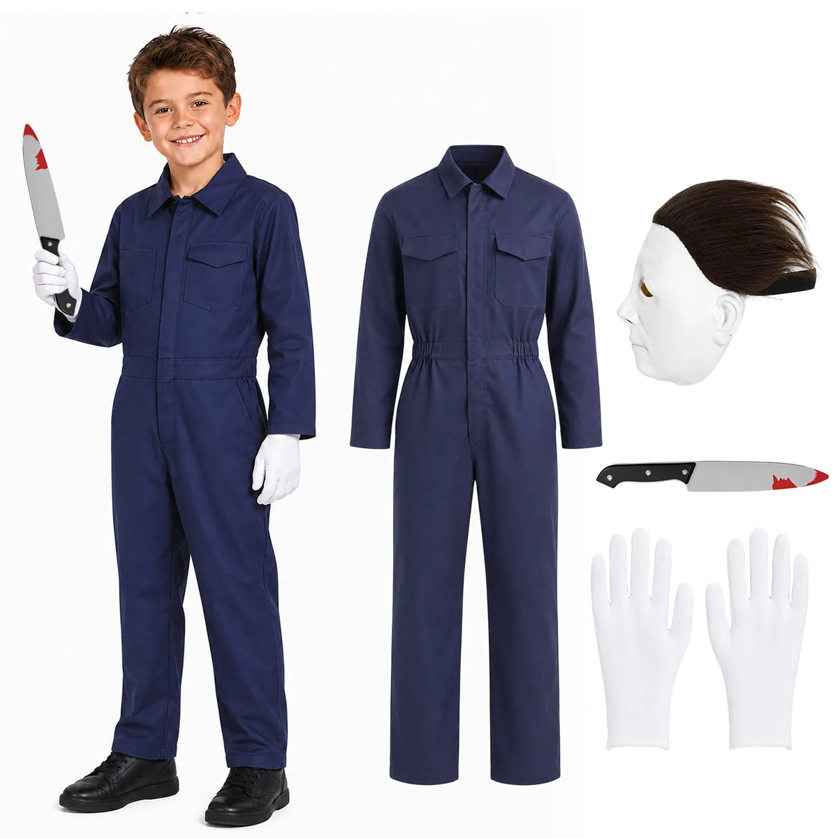 Kids Michael Myers-inspired blue coveralls set with white mask, gloves and costume knife.