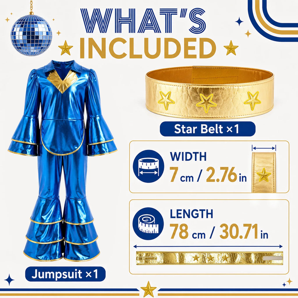 Kids disco costume jumpsuit and detachable gold star belt measuring about 78 by 7 centimeters