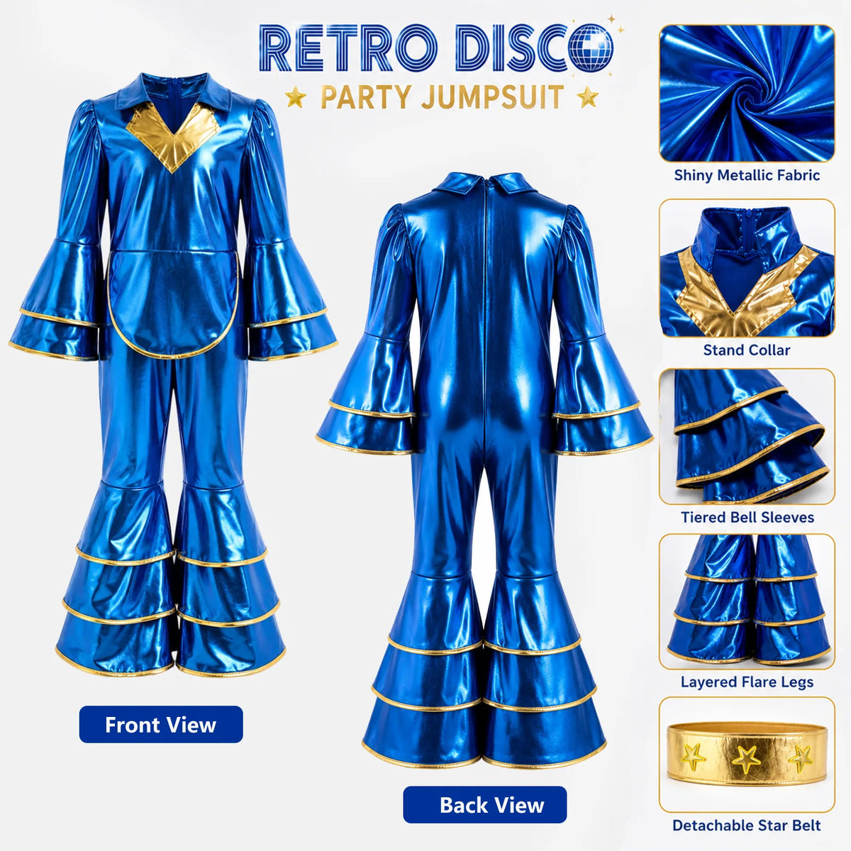 Close-up details of shiny metallic blue fabric, stand collar, tiered bell sleeves and layered flared legs