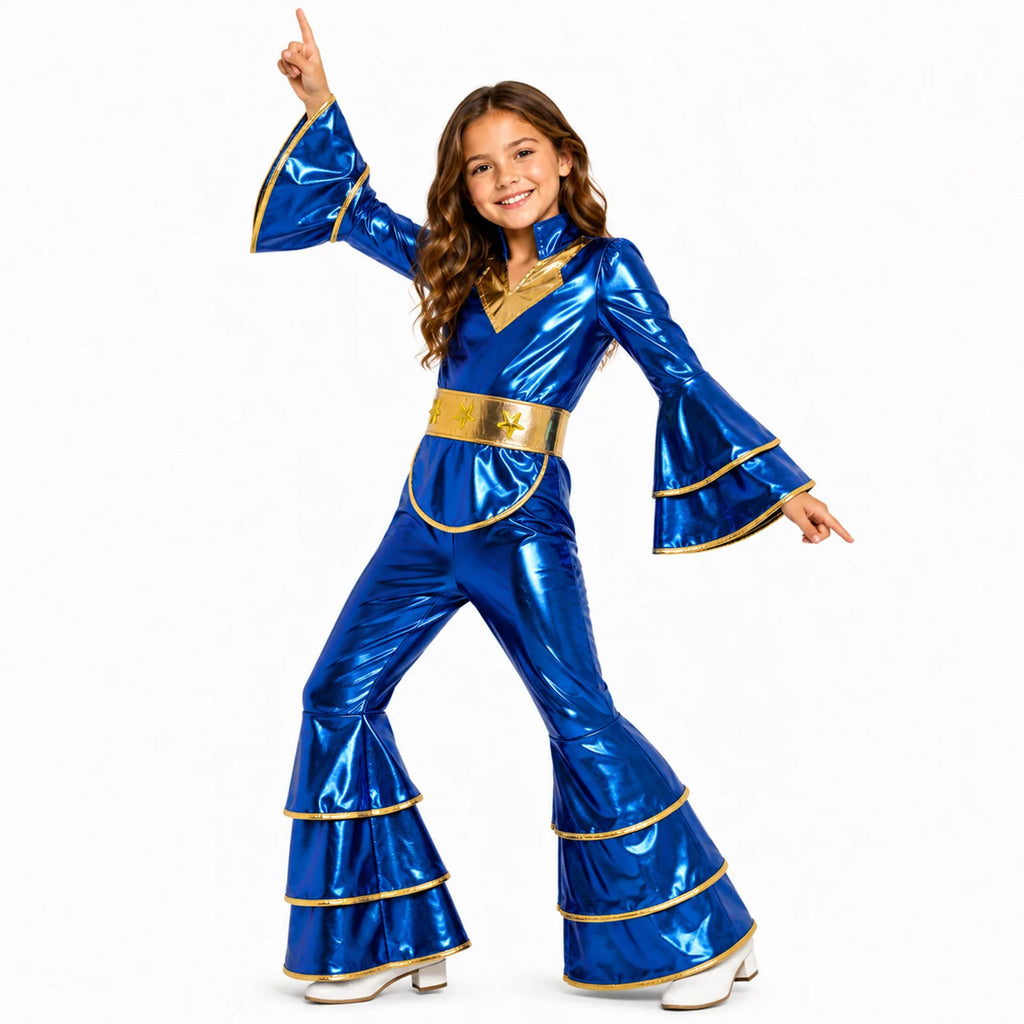 Front view of child wearing metallic blue disco jumpsuit costume with gold star belt