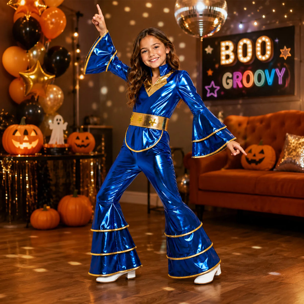 A child wearing the kids blue disco costume with gold star belt at a Halloween-themed disco party scene.