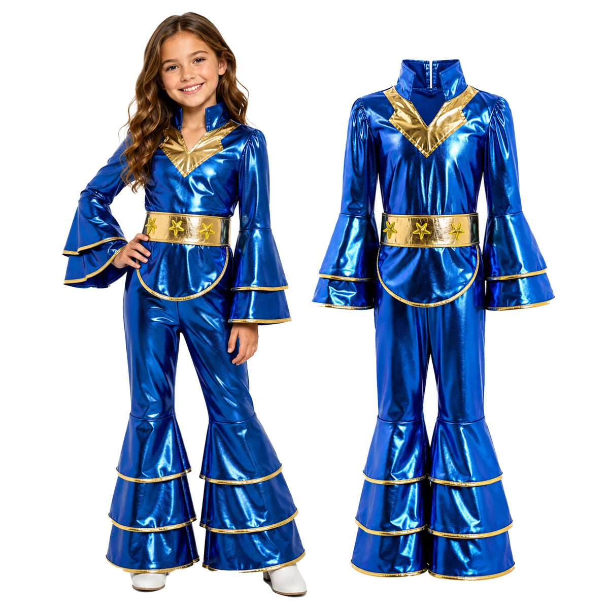 Kids metallic blue disco jumpsuit costume with gold star belt, front view