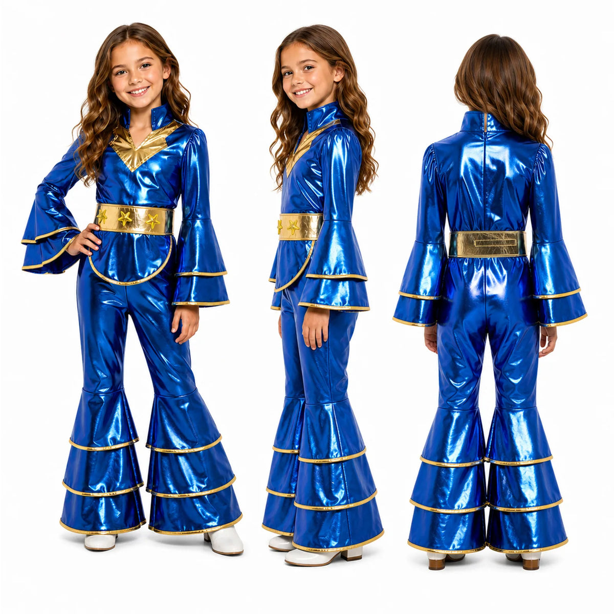 Kids blue disco jumpsuit costume shown from front and back views