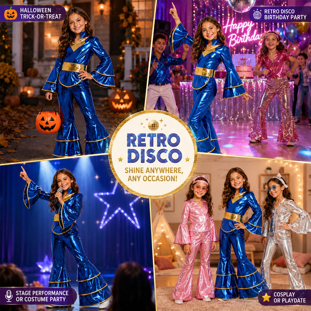 Collage of the kids blue disco costume styled for Halloween trick-or-treating, a birthday party, stage performance and cosplay.