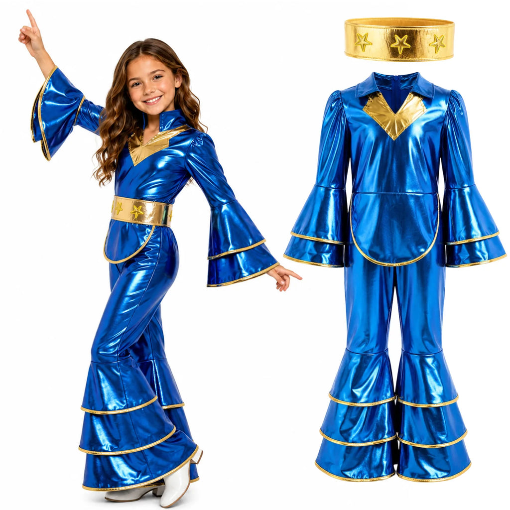 Blue and gold kids retro disco costume set shown on a plain background