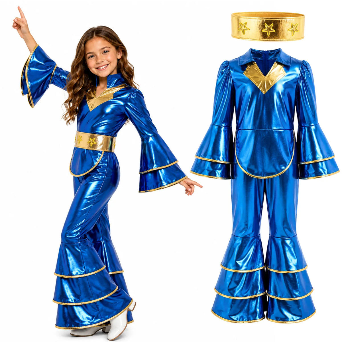 Blue and gold kids retro disco costume set shown on a plain background