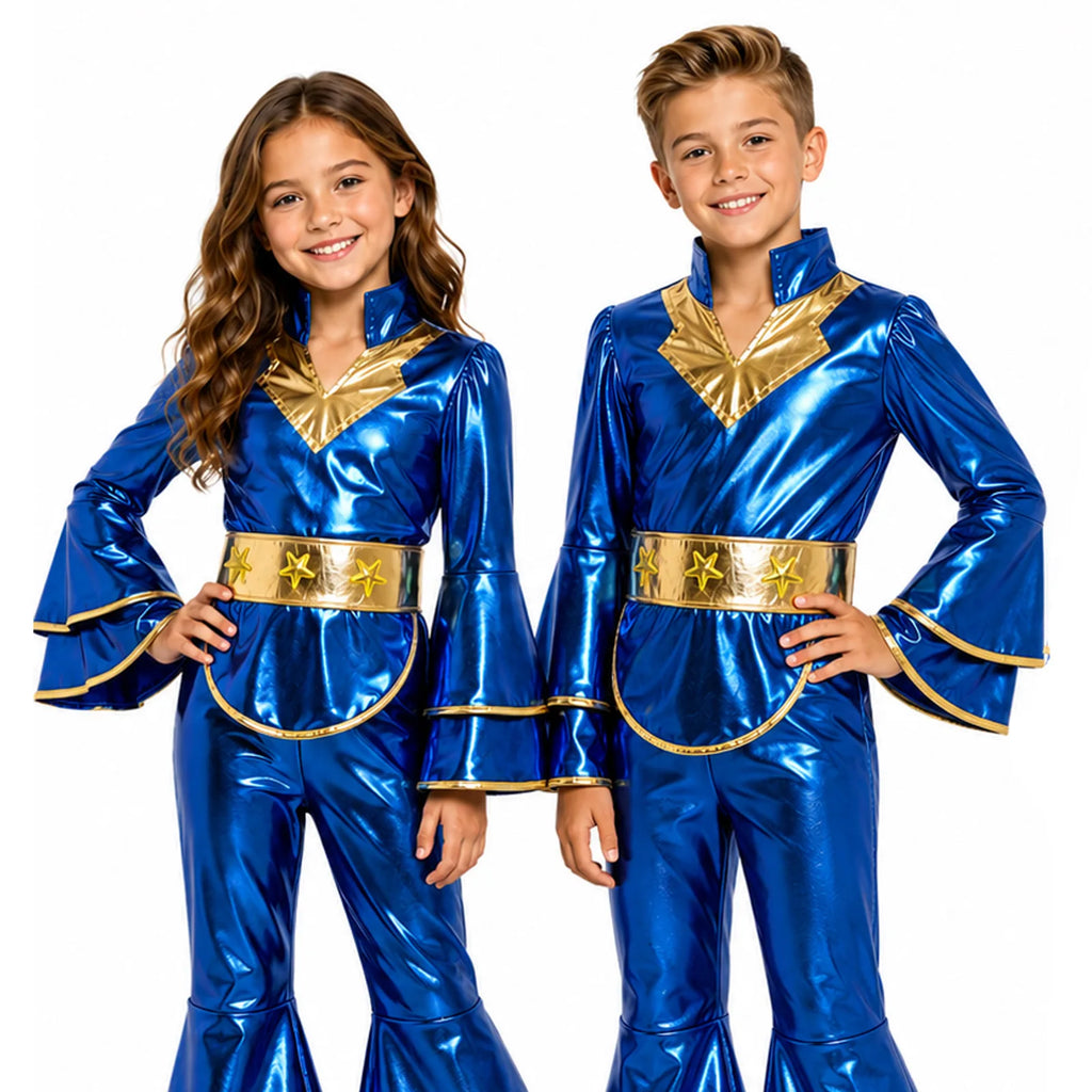 Side view of kids blue and gold retro disco jumpsuit costume