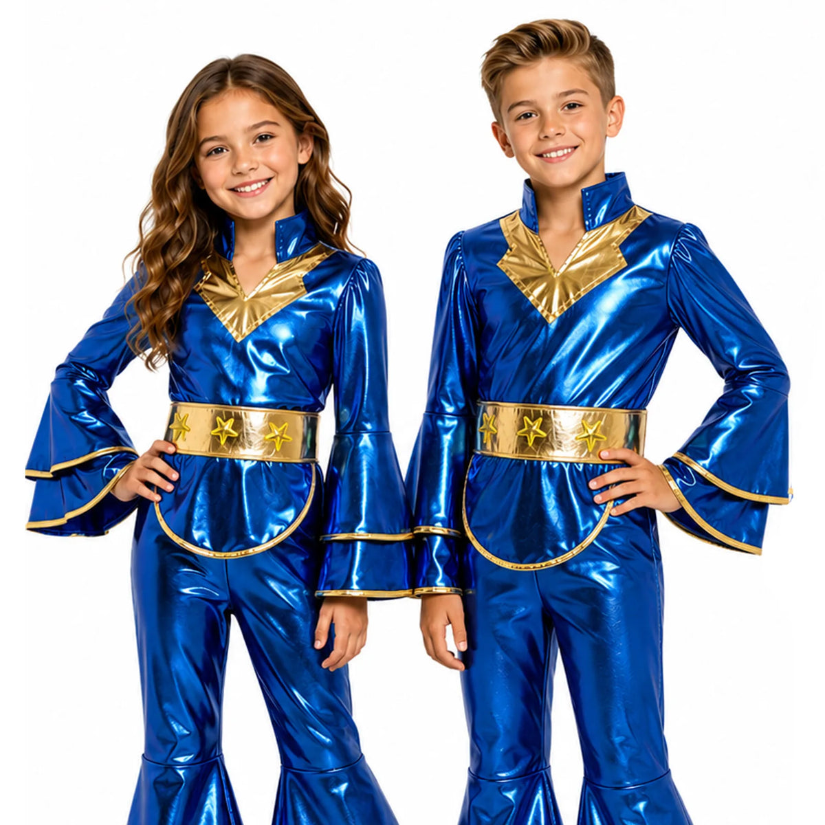 Side view of kids blue and gold retro disco jumpsuit costume