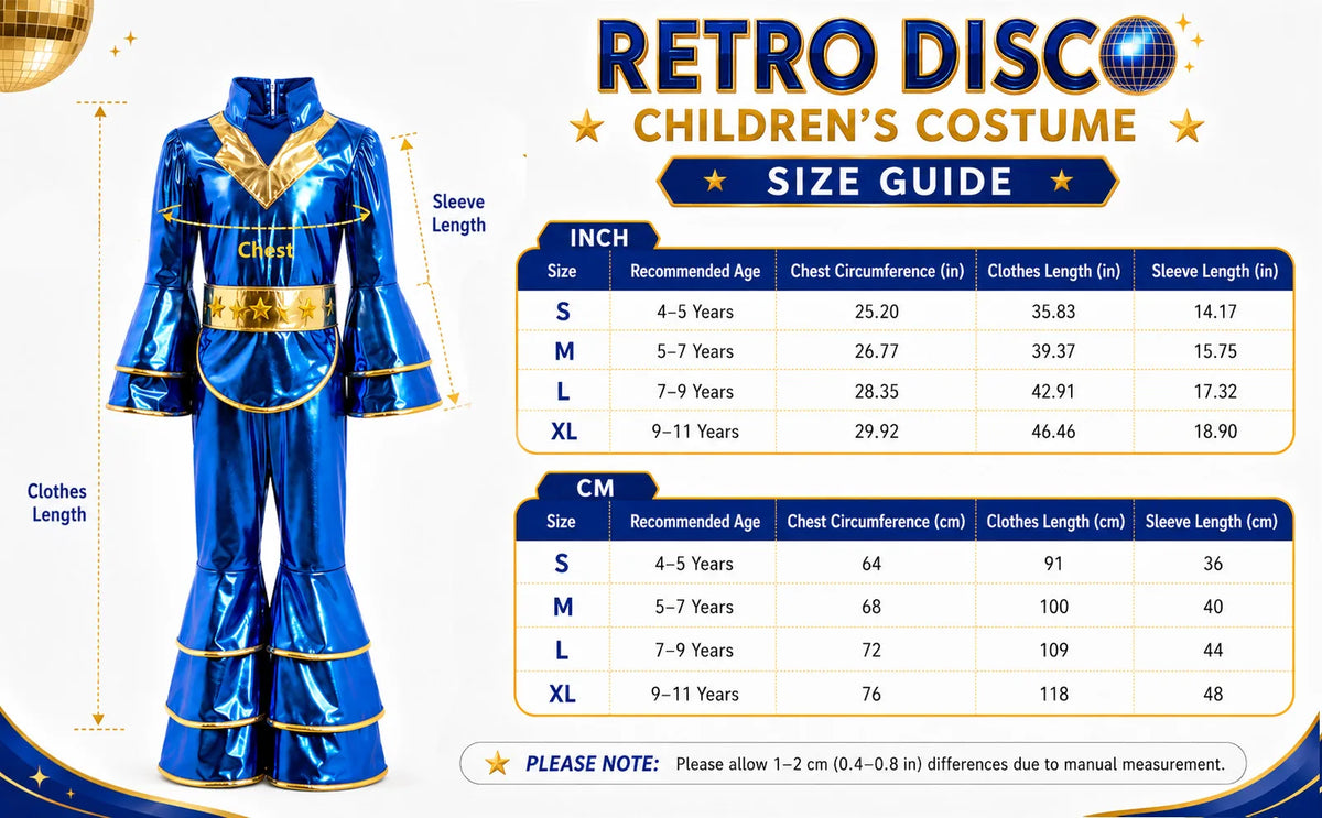 Size chart for the kids blue disco costume showing chest, clothes length and sleeve length for S, M, L and XL