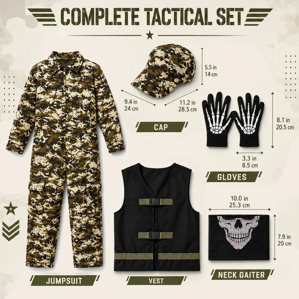 Accessory measurements for the camouflage cap, skeleton gloves and skull-print neck gaiter