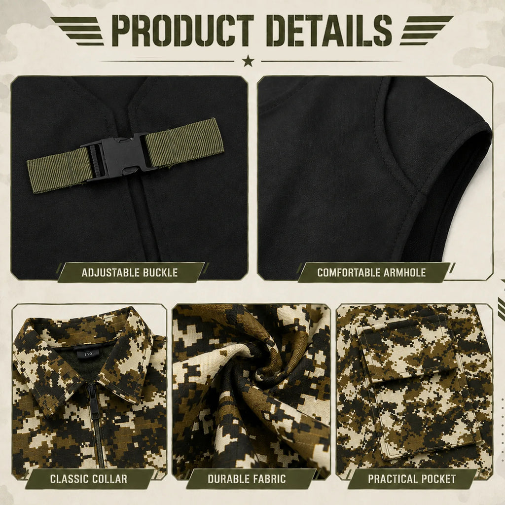 Close-up view of the camouflage jumpsuit, black vest and skeleton-print accessories