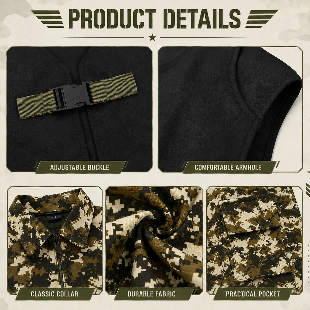 Close-up view of the camouflage jumpsuit, black vest and skeleton-print accessories