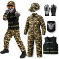 Child wearing the camouflage soldier costume beside the jumpsuit, vest, cap, gloves and neck gaiter