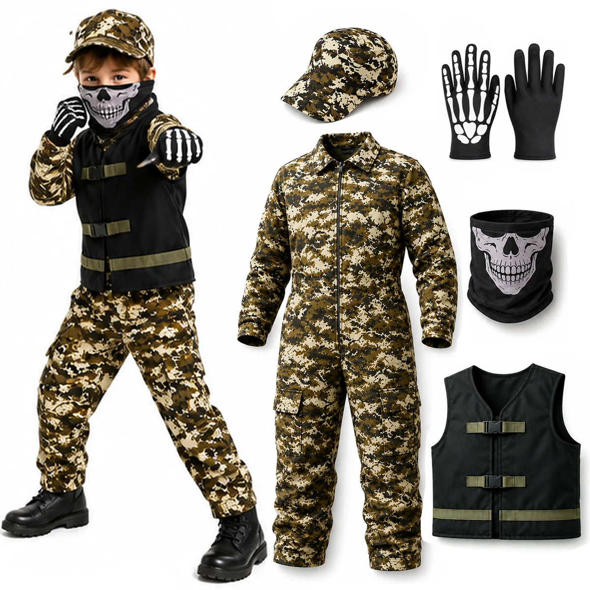Child wearing the camouflage soldier costume beside the jumpsuit, vest, cap, gloves and neck gaiter