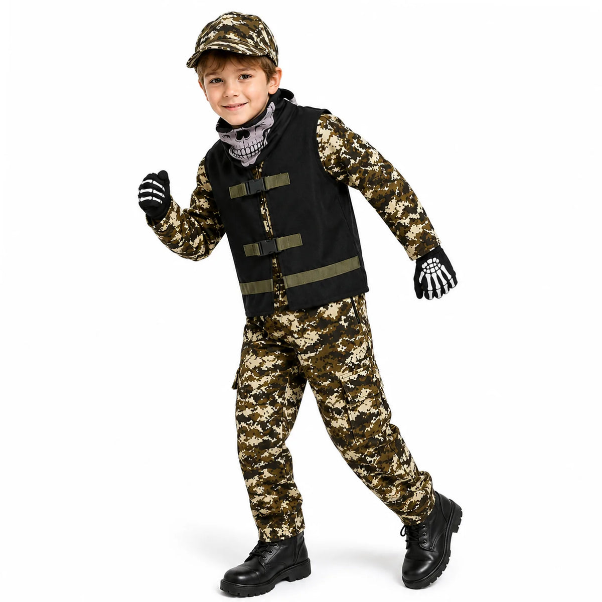 Front and back views of the kids camouflage soldier costume with black tactical-look vest
