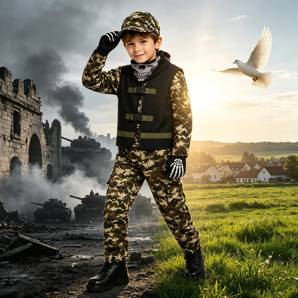 Child wearing the five-piece camouflage soldier costume in a Halloween setting