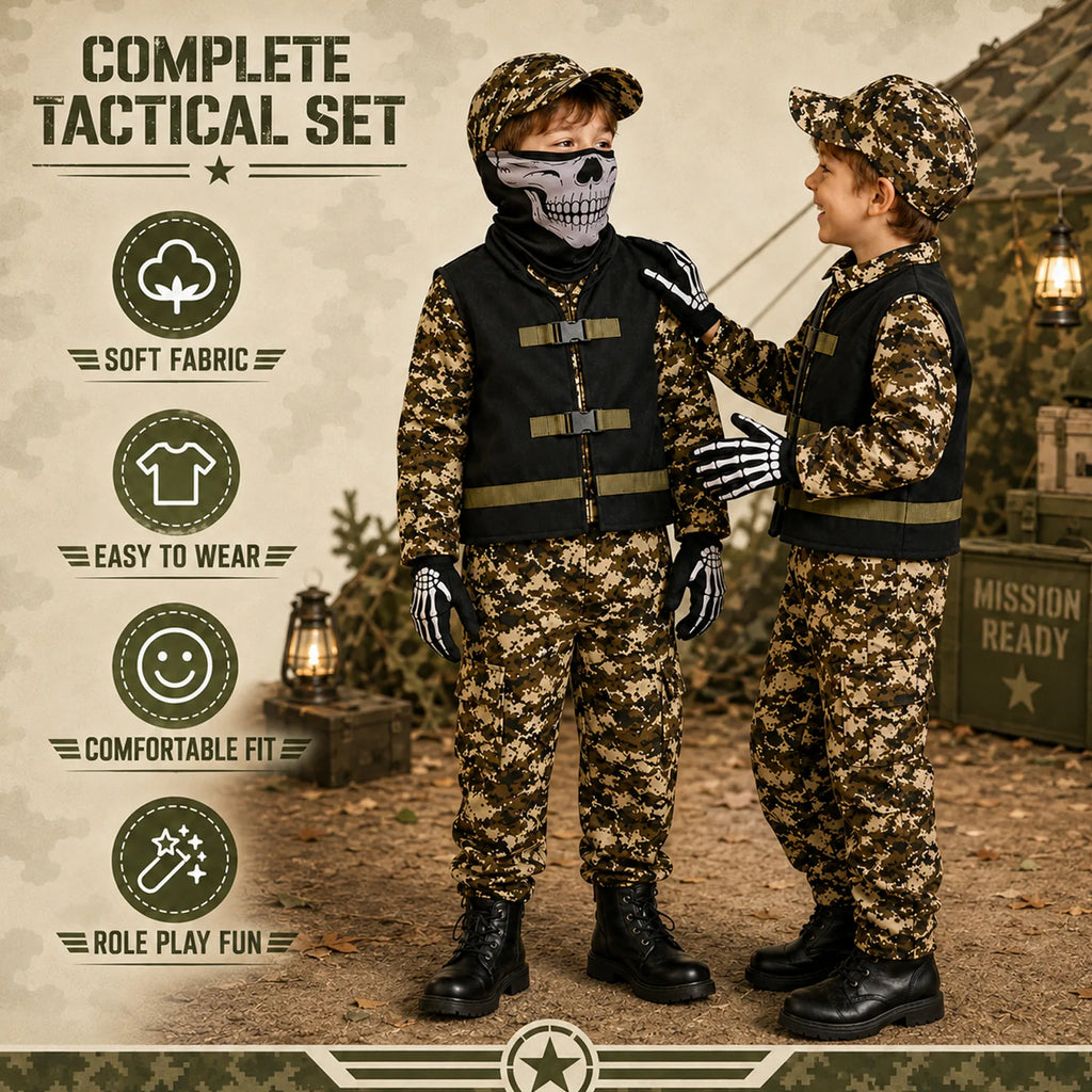 Five-piece camouflage soldier costume showing jumpsuit, vest, cap, gloves and neck gaiter