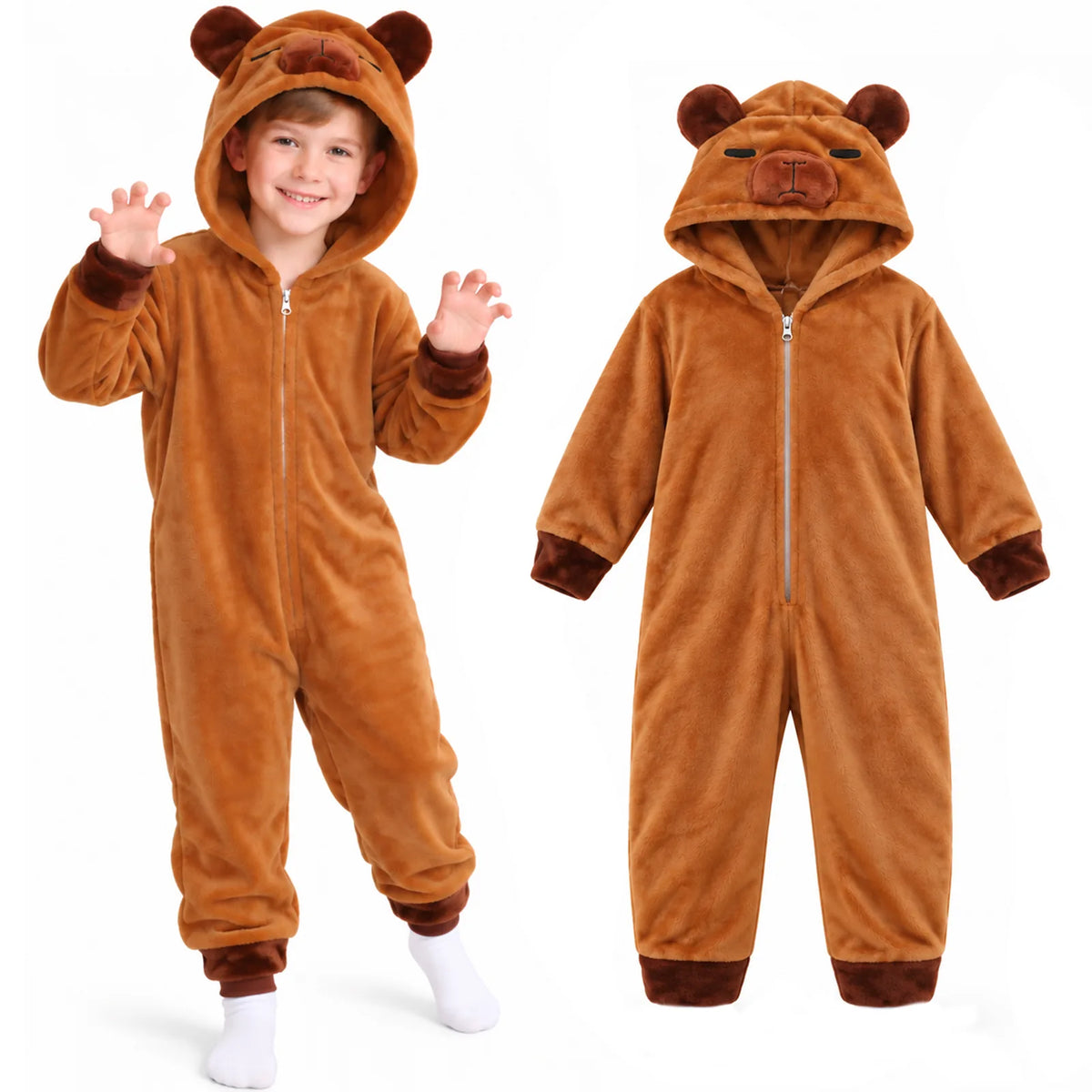 Kids' brown capybara costume onesie shown in several playful standing poses