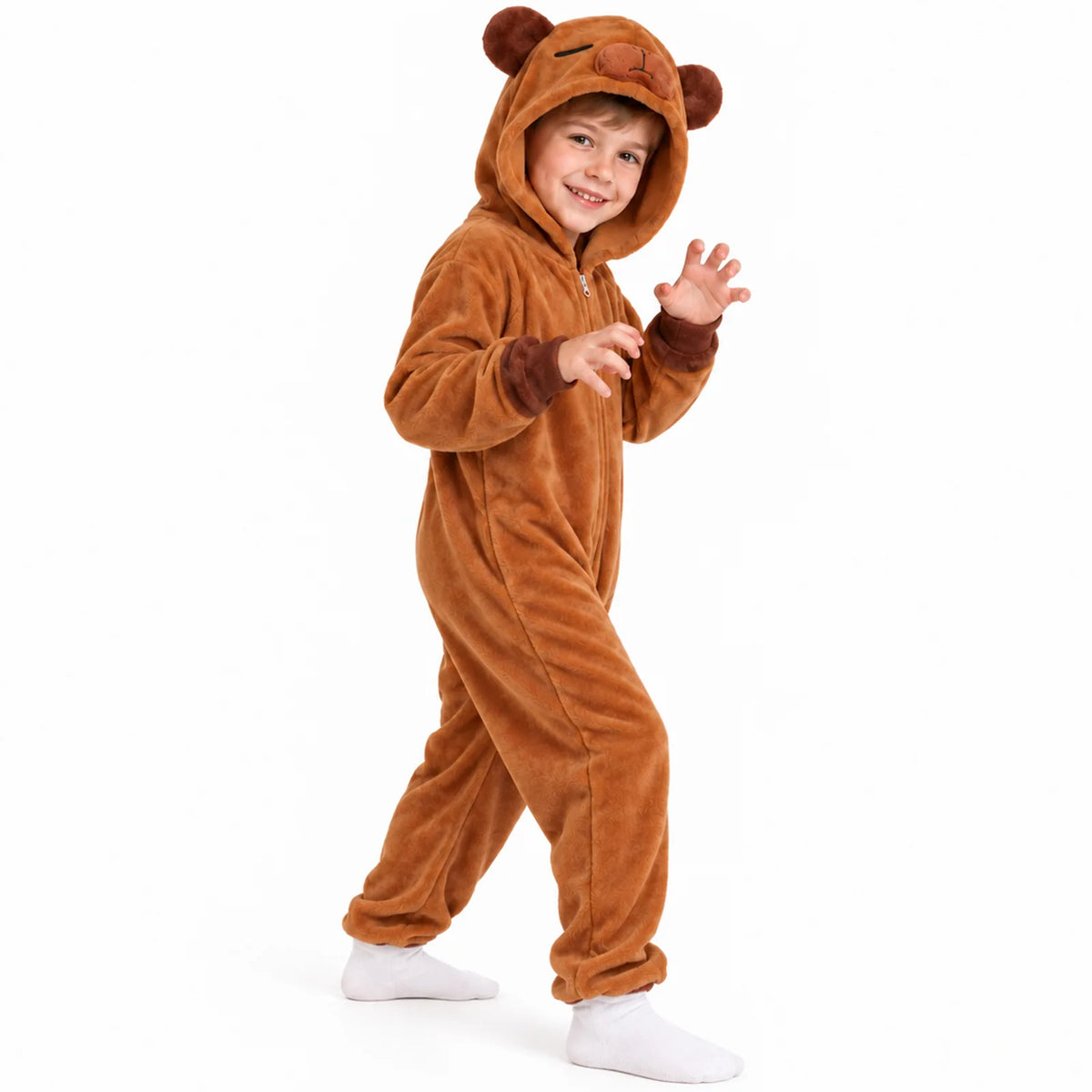 Front product view of the kids' brown capybara costume onesie with hood