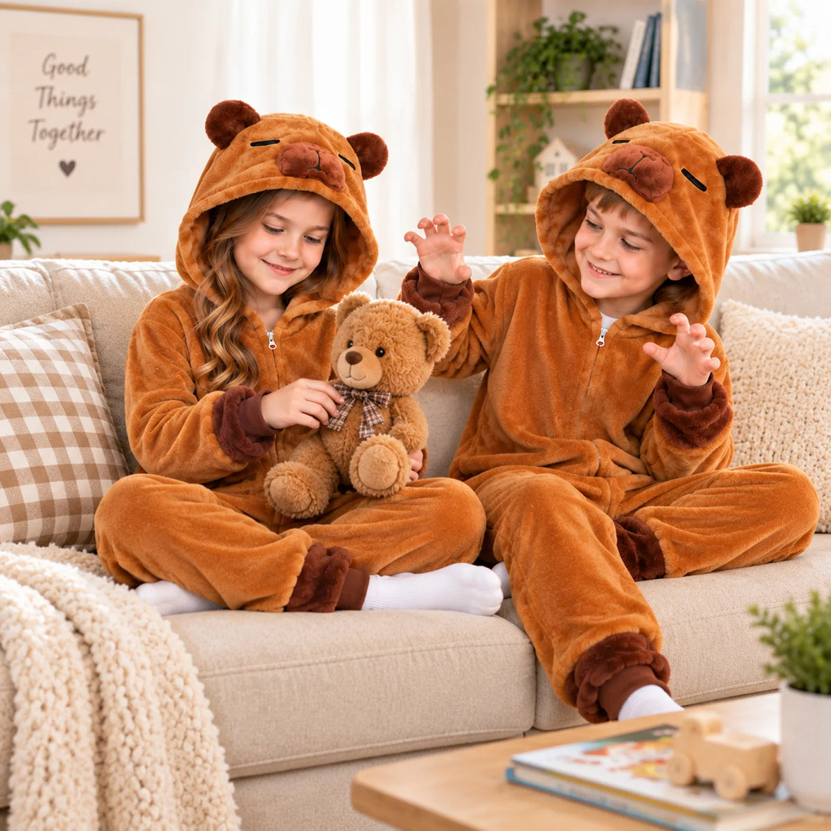 Front, side and back views of the kids' brown capybara costume onesie