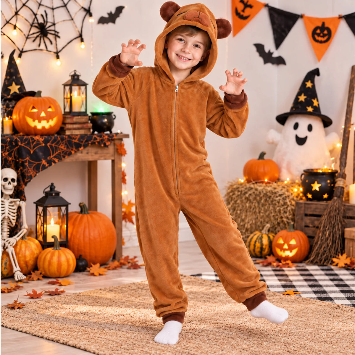 Two children wear matching capybara costume onesies at a Halloween party
