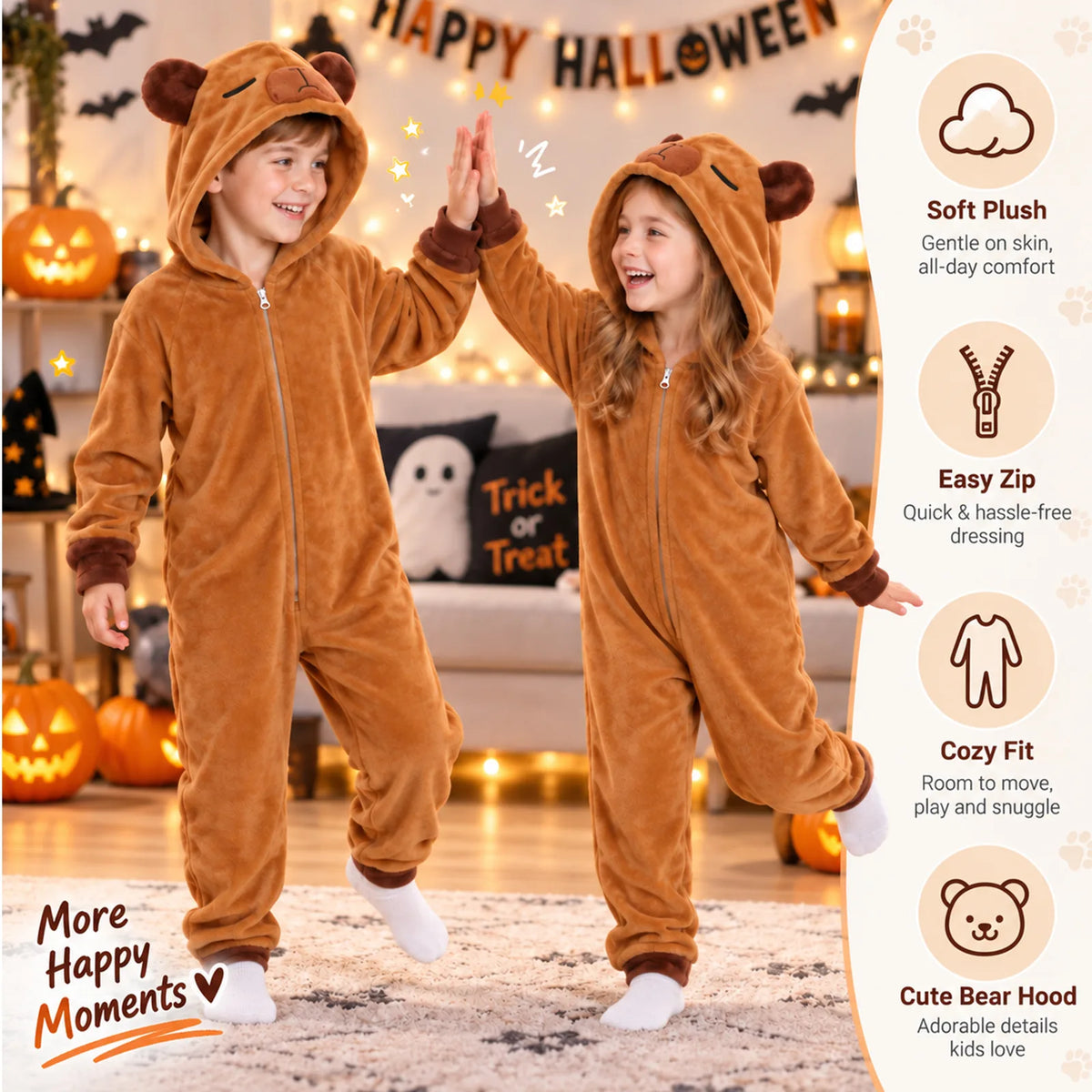 Close views of the capybara costume hood, front zipper and side pockets
