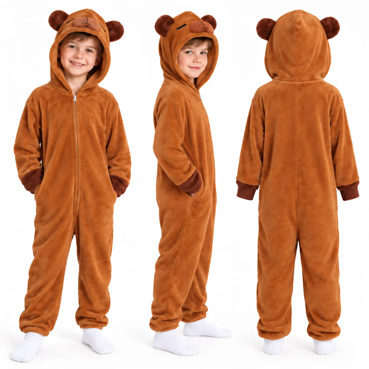 Brown hooded capybara costume jumpsuit shown flat from the front