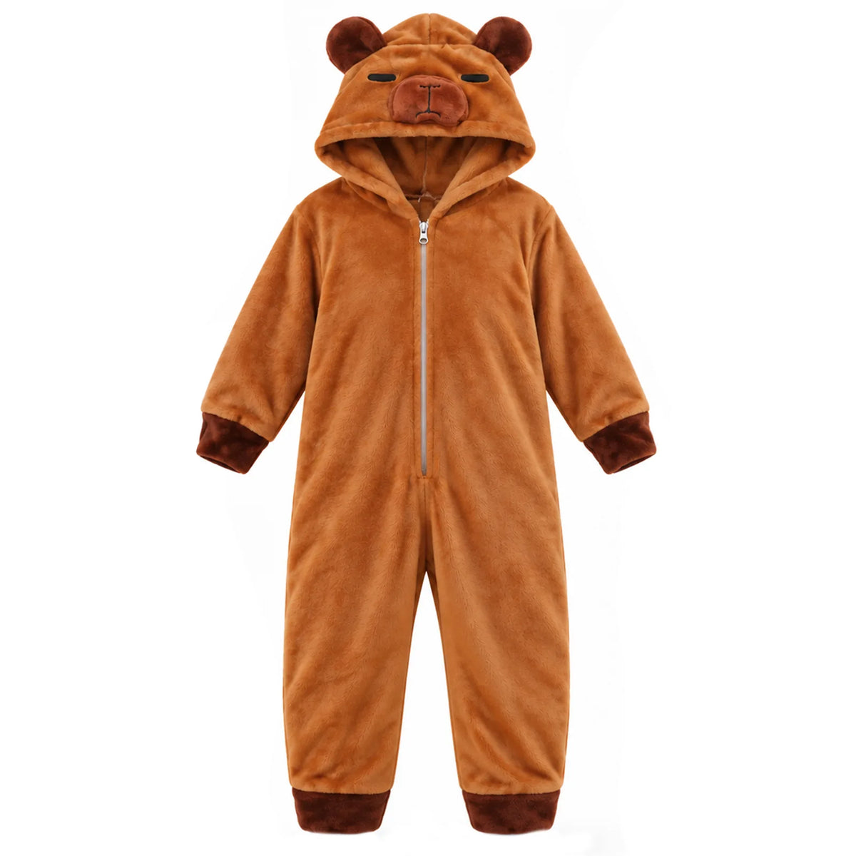 Playful side view of the kids' brown capybara costume onesie and tail