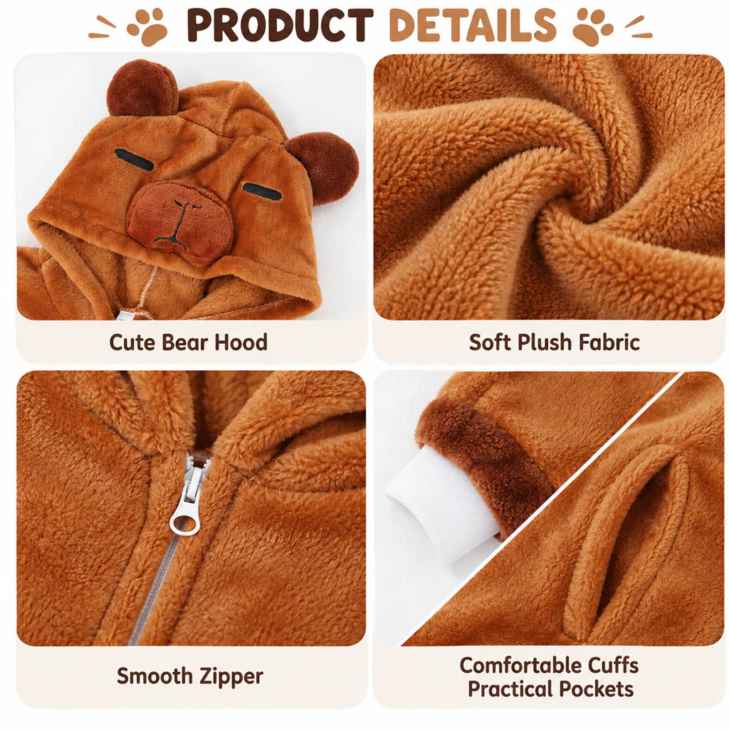 Kids' brown capybara costume onesie styled in a relaxed indoor scene