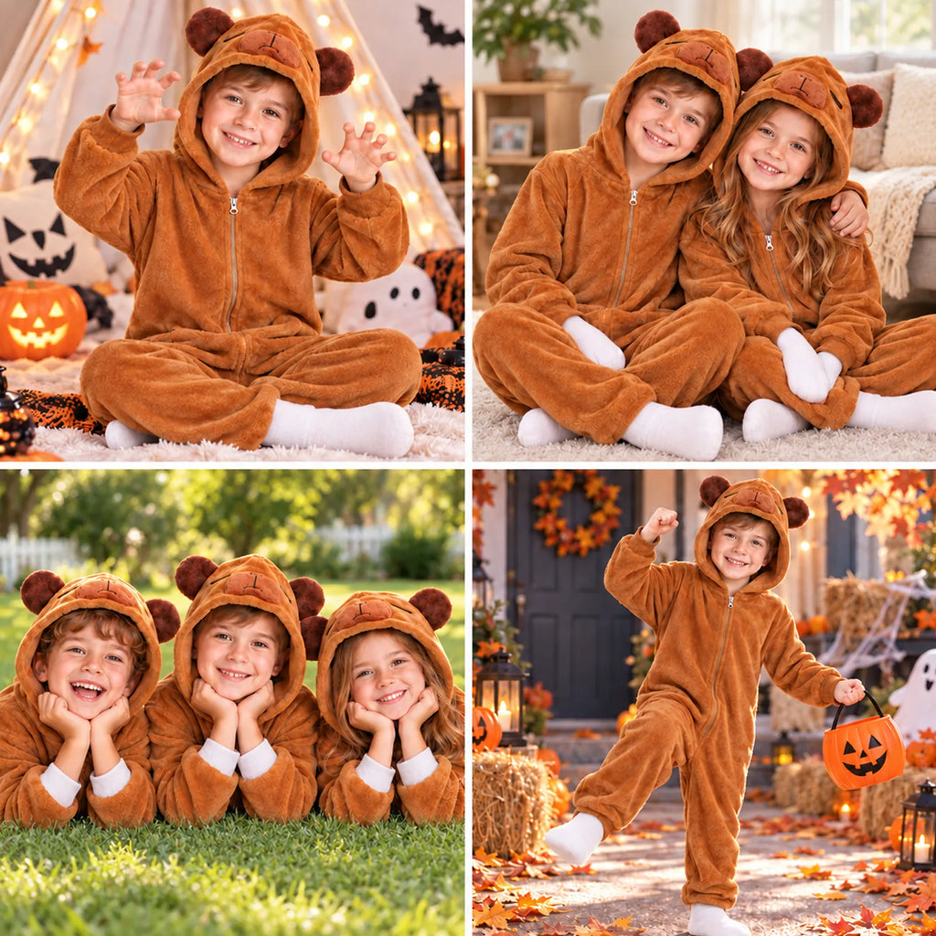 Kids' brown capybara costume onesie shown across several seasonal scenes