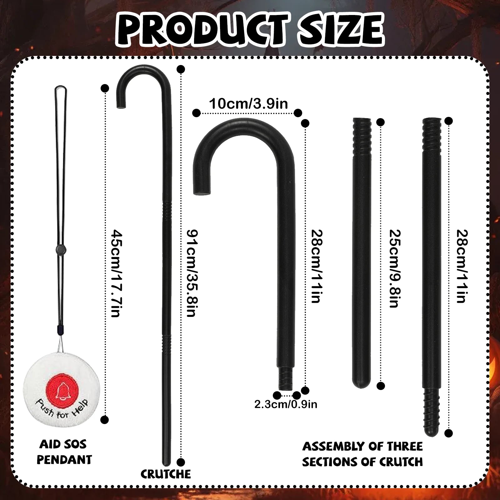 A measurement chart presents kids costume cane and help pendant dimensions, including the visible size information for the kids grandma costume accessories set.